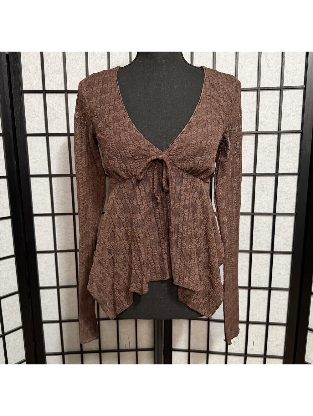 Madden Girl Brown Lace Tie Front Handkerchief Hem Top Fairycore Sz S